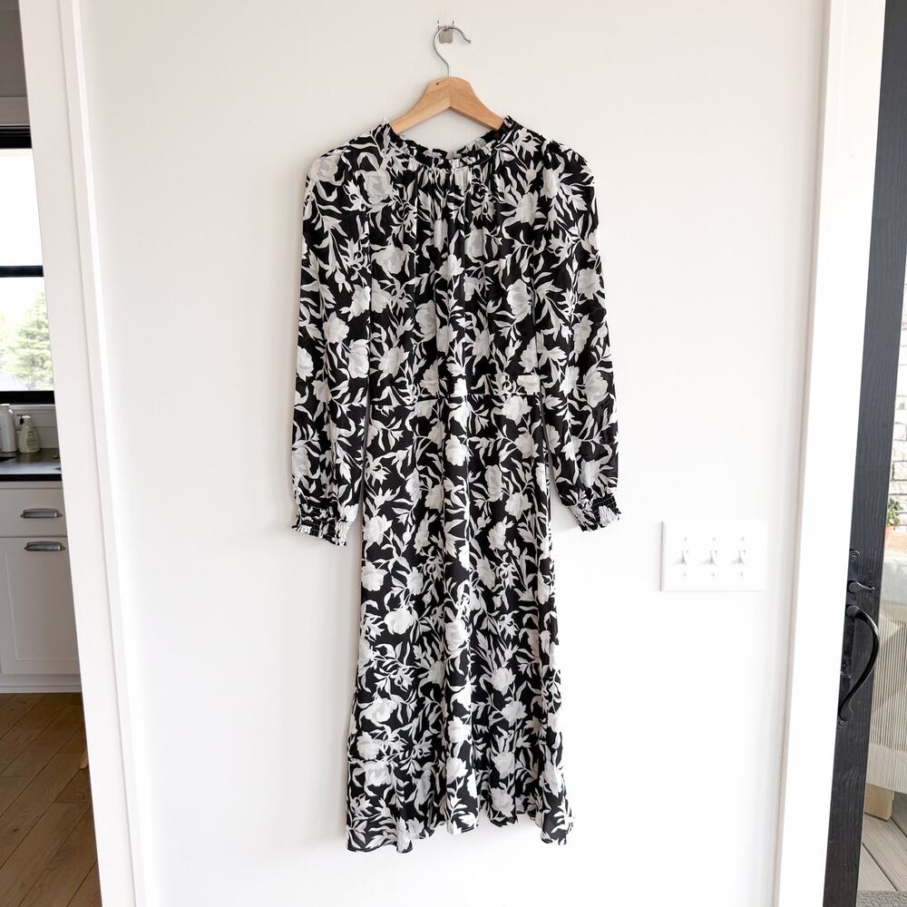 J. Crew Ruffle-Neck Peasant Floral Print Midi Dress Black White 0